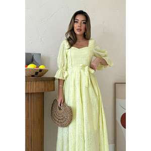 <b>Yellow</b> Embroidered Organza <b>Dress</b> Square Neck A-Line Vintage Breathable Evening <b>Dress</b> Natural Waistline - Product Image 3