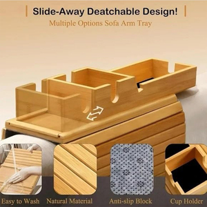 Plateau porte-gobelet pour canapé WDF, sous-verre pour canapé, organisateur de table pour accoudoir de canapé, plateau de table en bambou pour accoudoir de canapé avec coussin antidérapant - Product Image 3
