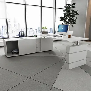 Meja manajer angkat tinggi elektrik Modern putih, Meja manajer angkat tinggi dapat diatur, Meja Eksekutif dengan laci bentuk L meja bos