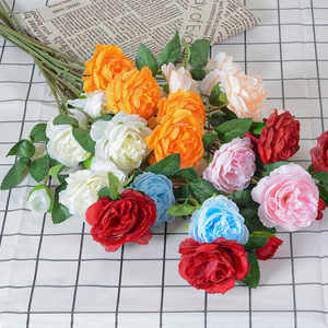 Fleurs de pivoine artificielles à trois têtes, fleurs en soie, décoration de mariage, blanc, rose, rouge, orange, bleu, couleur champagne - Product Image 1
