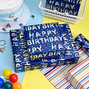 Blue Birthday Wrapping Paper 17 Inch X 16.5 Ft Reversible Metallic Foil Striped Pattern For Gift <b>Wrap</b> - Product Image 5