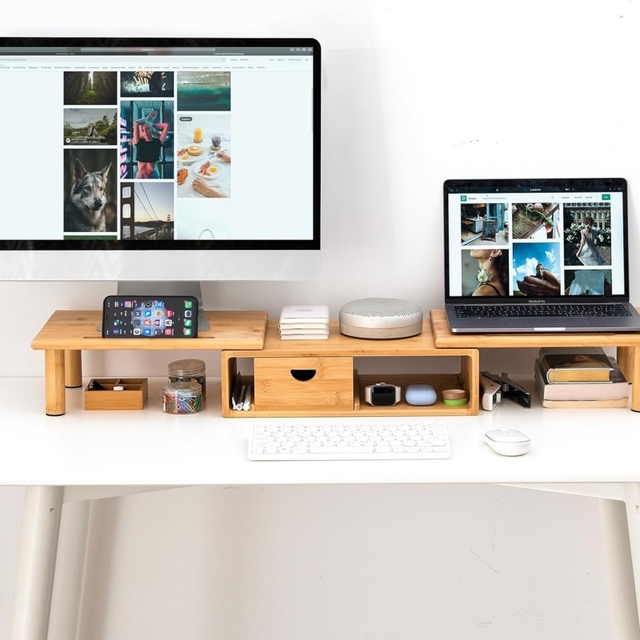 Bamboo Wood Modern Single Tier Multi-Purpose Office Organizer Desktop Storage Stand Monitor Riser for Computers Desks
