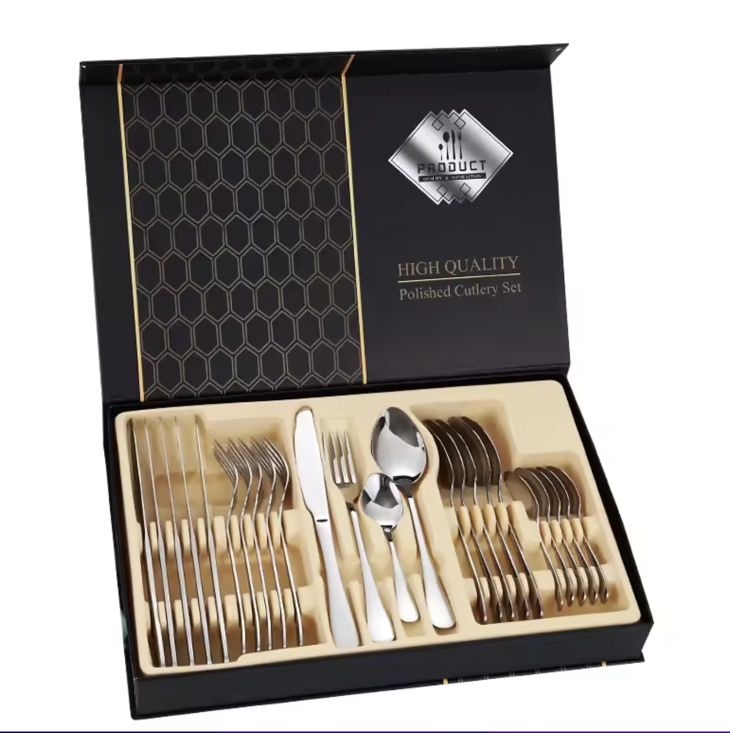 Customizable 24-Piece Luxury Modern Stainless Steel 18/0 Flatware Set Mirror Gold Polishing Wedding Knife Spoon Fork · image 6