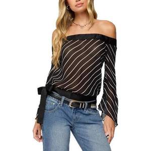 Top Personalizado 2026 con Hombros Descubiertos para Mujer, Blusa de Chifón a Rayas de Manga Larga con Lazo en la Espalda, Largo Regular - Product Image 5