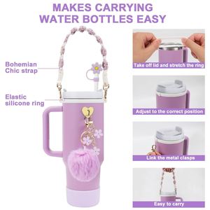 Lower Decor Water Cup Set Silicone Straw <b>Cap</b> Cup Cover Pom Pom Keyring Portable Hand Lanyard - Product Image 4