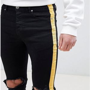 Jeans super skinny et déchirés pour hommes, sur mesure, en noir avec bande latérale jaune, vente en gros Chine - Product Image 4