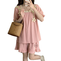 Ensemble de pyjama pour femme en tricot côtelé rose mignon, personnalisable, avec décoration florale 3D, col carré et bordure en dentelle à volants