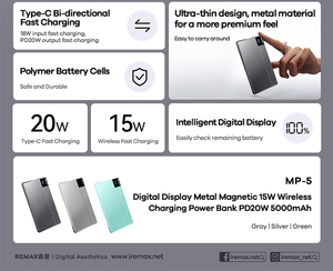 Custom Logo PD20W Magnetic Wireless <b>Charging</b> Power Bank Digital Display Metal 5000Mah Portable Mini Fast Charge Powerbank MP-5 U - Product Image 2