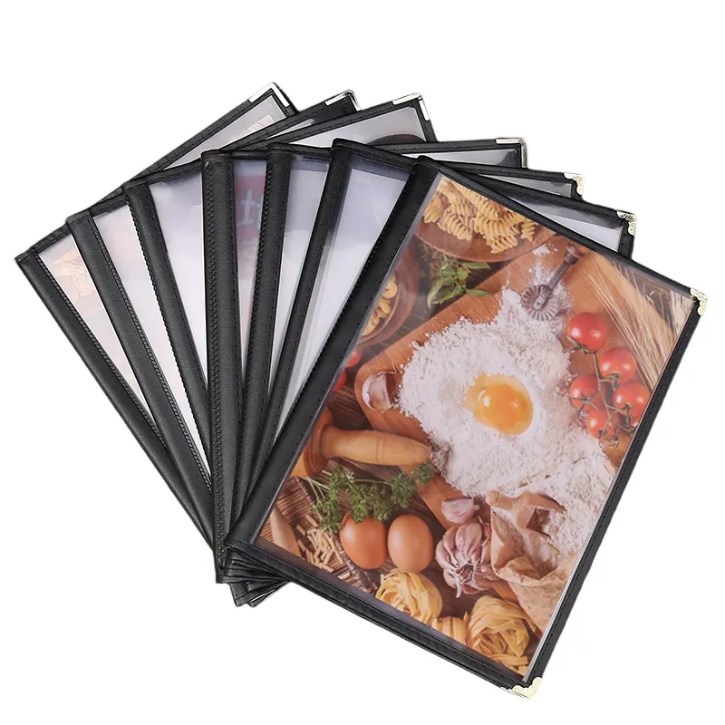 PU Leather Edge A4/8.5 x 11 Inch Restaurants Hotel Menu Holder Cover Transparent PVC Menu Recipe Book Folder