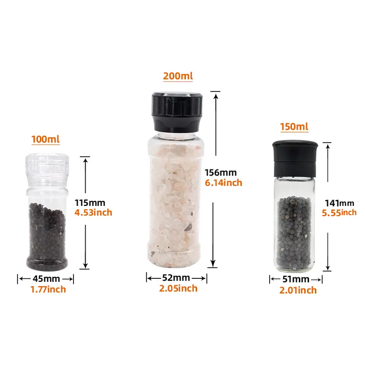Ücretsiz örnek karabiber değirmeni 100 ml, mini 100 ml tuz karabiber değirmeni şişeleri