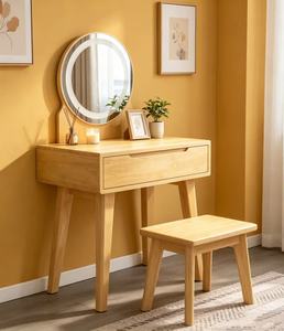 Scandinavian Solid Beech Makeup <b>Vanity</b> With <b>Lighted</b> <b>Mirror</b> And Storage Drawer For Bedroom - Product Image 3