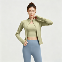 Ensemble de yoga 3 pièces pour femme : veste de sport à fermeture éclair à manches longues, soutien-gorge de sport et leggings taille haute froncés aux fesses, couleur unie, pour la gym