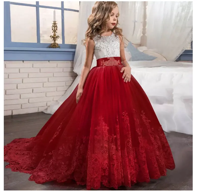 88406 Kids Birthday Boutique Clothing Luxury Lace Long Frock Flower Girl Wedding Communion Pageant Dress