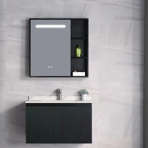 Black Fluted Wall-Mounted Bathroom Vanity with LED Mirror and Ceramic Basin Modern Minimalist Design - Product Image 4