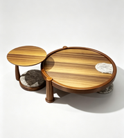 Ensemble de tables basses gigognes rondes avec plateau en bambou, pieds en bois massif et pierre, mobilier moderne pour hôtel, appartement, projet de vente en gros