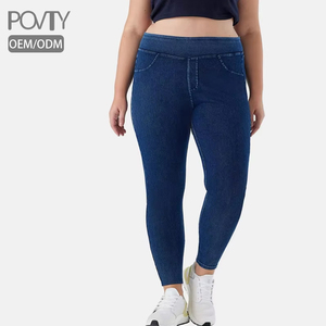POVTY OEM vêtements de créateurs personnalisés <span class=keywords><strong>jegging</strong></span> <span class=keywords><strong>taille</strong></span> <span class=keywords><strong>haute</strong></span> pour femmes avec poches extensible décontracté doux grande <span class=keywords><strong>taille</strong></span> jean leggings en denim - Product Image 1