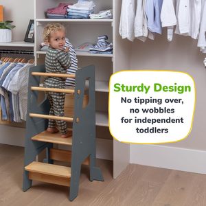 Wooden Toddler Standing Tower <strong>Kitchen</strong> Stool <strong>Helper</strong> - Upgraded Design with Safety Feet for Skill Learning - Gray - Product Image 4