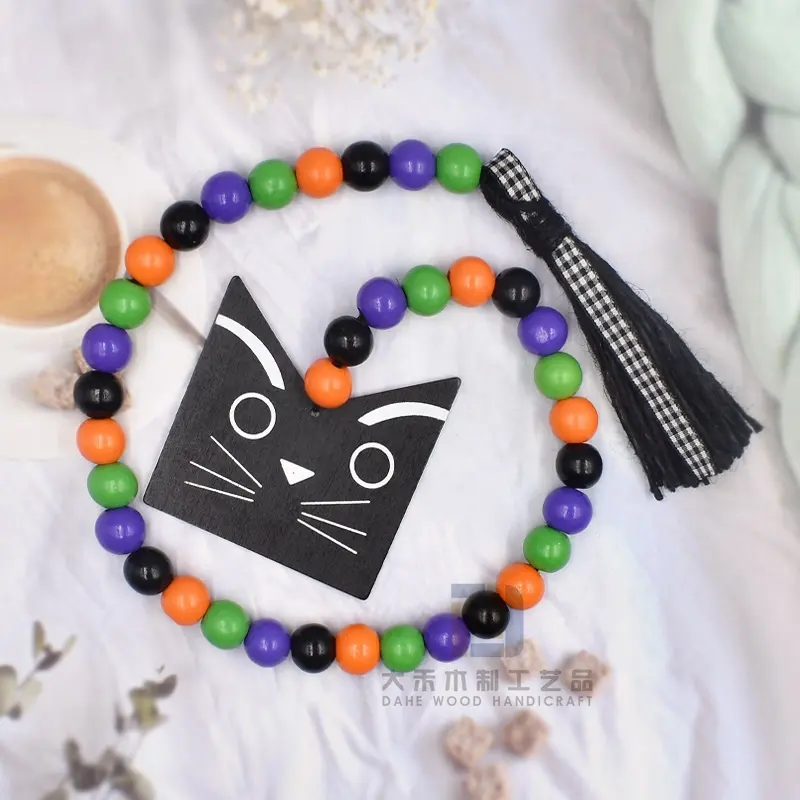 Fabrik hölzerne Kürbis schwarze Katze Etikett bunte Holzperlen-Girlande mit Tasseln für Halloween Heimdekoration
