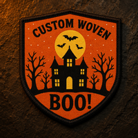 En gros, Patch tissé thermocollant Halloween, motifs Maison hantée, Chauve-souris, Boo, Lune, Bouclier, pour Chapeau, Veste, Cadeau