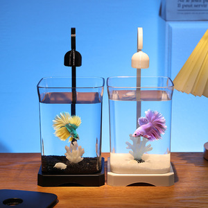 ベタフィッシュタンクデスクトップアクアリウムクリスタルクリア小型魚鉢ライト付きオフィスホームミニタンクアクアスケープスターターキット - Product Image 5