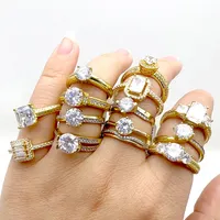 Anéis de compromisso de noivado 18k femininos, anéis banhados a ouro cúbico de zircônia, diamante único, prata de lei