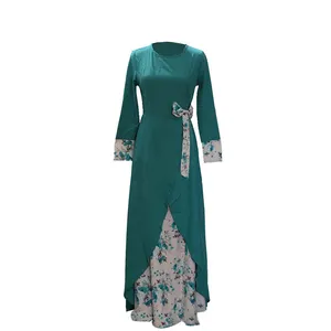 Gedruckte muslimische lange lässige Ärmel Kleid Schleife Blumen Patchwork asymmetrischen Stil Frauen kleider langes Kleid muslimische islamische Kleidung