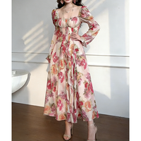 Robes imprimées florales rétro personnalisées, élégantes, à manches longues bouffantes, à buste plissé, style français romantique, robe maxi en mousseline de soie pour femmes