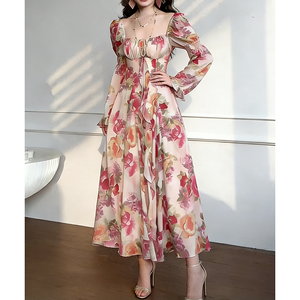 Robes imprimées florales rétro personnalisées, élégantes, à manches longues bouffantes, à buste plissé, style français romantique, <span class=keywords><strong>robe</strong></span> maxi en mousseline de soie pour femmes - Product Image 3