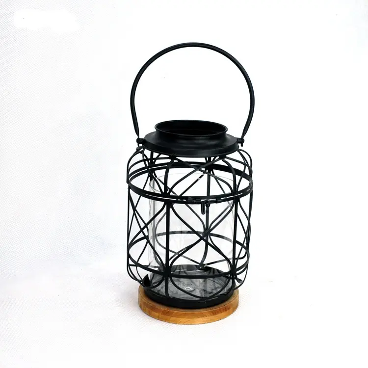 IVYDECO Antique Home Decorative Black Metal Iron Bird Cage Lanterns Candle Holder with Glass and Wooden Bottom