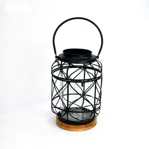 Ivydeco Antieke Home Decoratieve Black Metal Ijzeren Vogelkooi Lantaarns Kaars Houder Met Glas En Houten Bodem