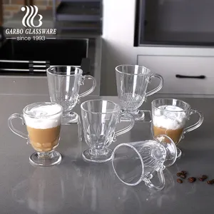새로운 디자인 높은 투명 유리 200ml 7oz 커피 머그 양각 커피 잔 스탠드 아일랜드 커피 마시는 투명 유리 머그와 컵
