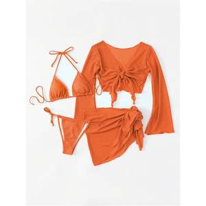 Ensemble de bikini 4 pièces personnalisé pour femme avec paréo, maillot de bain orange, design torsadé, extensible, en spandex et polyester - Product Image 6