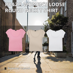 Camiseta Casual de Punto Acanalado con Cuello Redondo PB&ZA para Mujer, Manga Corta, Corte Regular, Verano 2026, Poliéster/Algodón, Teñido Liso - Product Image 2