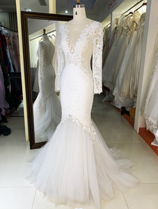 ชุดแต่งงานหรูหราผ้าทูลสีขาวขายส่งจากโรงงาน แขนยาวทรงเมอร์เมดหางปลา ปักลายสไตล์งานเลี้ยง พร้อมระบายช่วงเอวแบบธรรมชาติ - Product Image 6