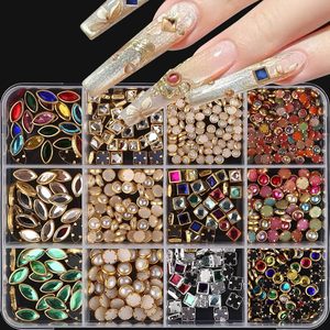 Good Quality 12 <b>Grids</b> Nail Decoration Accessories Gold Side Colorful Rhinestone Luxury Vintage Nail Charms for Nail DIY - Product Image 1