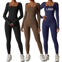 Vente en gros Body de sport de compression à col carré pour femmes Combinaison de yoga à manches longues Barboteuse d'entraînement une pièce