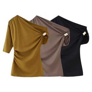 Osisa 2025 – Nouveau T-shirt d'été pour femme avec boucle métallique, élégant, <span class=keywords><strong>asymétrique</strong></span> à épaule dénudée, manches courtes simples - Product Image 2