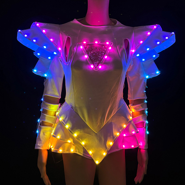 LED Female Warrior Dancer Costume Set Luminous Colorful Jumpsuit Glowing Dance Women/Girls' Disco Party Props