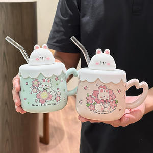 Cherry Blossom Rabbit Mug With Lid And Straw <b>Pink</b> Cartoon Design For Home Office Gift Spring 2025 - Product Image 3