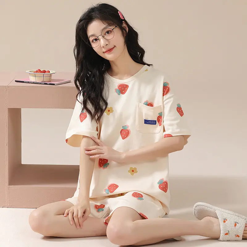 Sfy-y641Factory fiyat pamuk yumuşak beyaz kısa kollu pijama takım elbise kore tarzı yaz 2023 kadın pijama