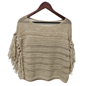 Women's Casual Light Khaki Hand Knitted Hollow-out Knit <b>Top</b> with <b>Batwing</b> Sleeves & Tassel Design Front Logo - Product Image 1