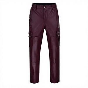 <b>Men's</b> Burgundy Genuine <b>Leather</b> Cargo Pants Straight Leg Mid Waist Multiple Pockets <b>Trousers</b> Wholesale Supplier Custom LOGO 2026 - Product Image 4