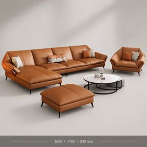 Canapé en cuir de style minimaliste pour le salon. Les coussins de siège sont de forme généreuse. Couleur orange. Ensemble de canapés 1+<span class=keywords><strong>3</strong></span>+ottoman. - Product Image 1
