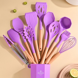 New Design Silicone Kitchen Utensils Set Cooking <b>Tools</b> Beech Wooden Handle Cooking Utensils Set with Holder - Product Image 4