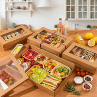 Boîtes à bento jetables en papier kraft en gros, boîtes à lunch écologiques, contenants alimentaires à emporter avec fenêtre pour la restauration/fêtes