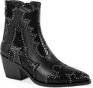 Bottes courtes western à rivets pour femmes, longueur cheville, talon épais, bottes à bout en amande - Product Image 4