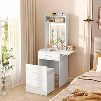 Petit bureau de toilette avec miroir et lumière, coiffeuse avec station de charge et panneau pliable, ensemble de coiffeuse avec tabouret caché