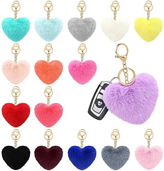 10cm Fluffy Heart Shaped Pompom Keychain Fur Ball Mini furry keychain Pom Pom Fur Ball