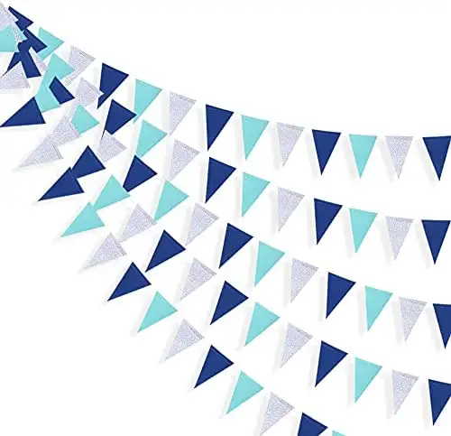 Navy Blue Silver Pennant Banner Royal Blue Hanging Paper Triangle Bunting Flag Garland Theme Party Decorations Supplies