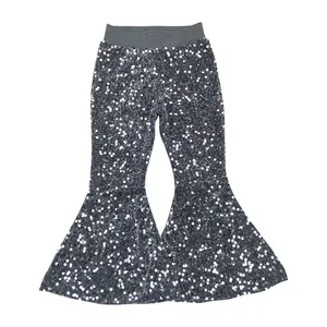 RTS NO MOQ Wholesale Baby Girls Grey Sequin Pants Kids Toddler Boutique Bell Bottom Fashion Elastic Band Trousers